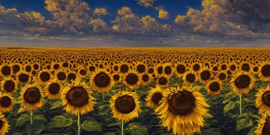 Image similar to Hyper realistic oil painting of an endless sunflower field, high contrast, deep and bright colors, blue skies, cinematic, by greg rutkowski