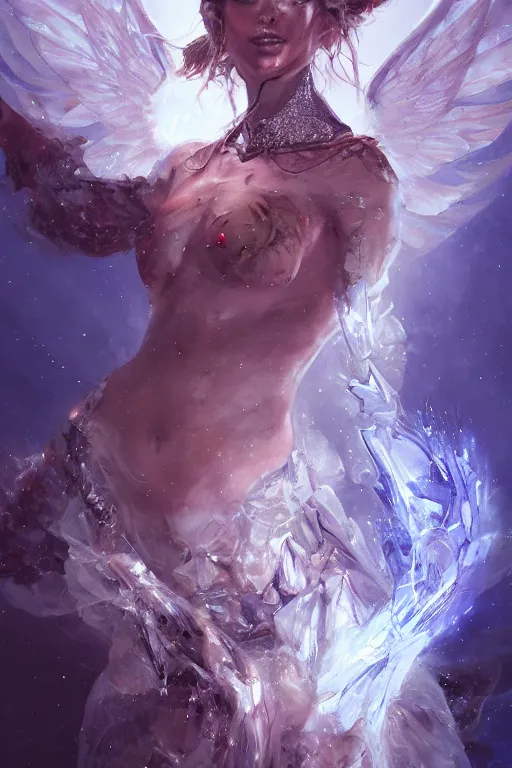 Prompt: torso closeup model wearing exploding ice crystal dress, sorcerer, diamonds, angel, fantasy, dramatic lighting, highly detailed, digital painting, holding electricity, magic the gathering, hyper detailed, 3 d render, hyper realistic detailed portrait, peter mohrbacher, wlop, ruan jia