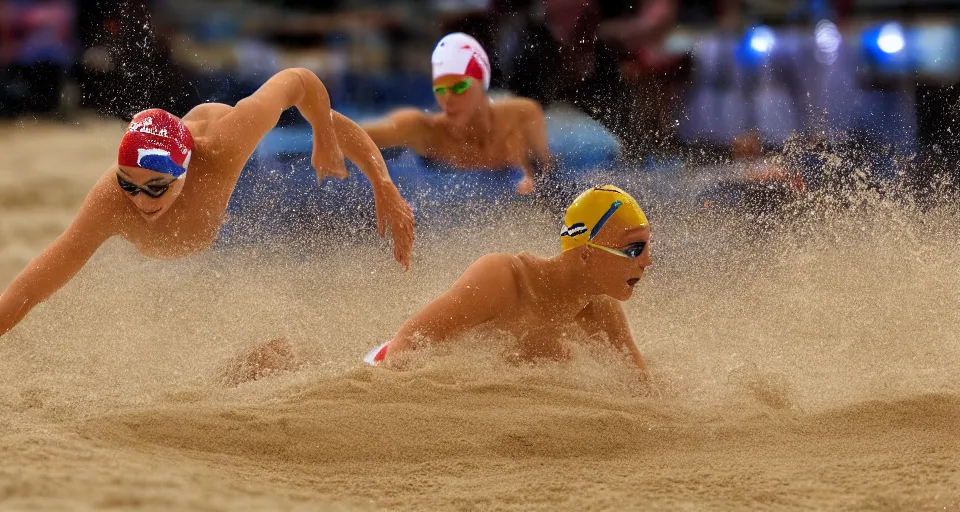 Image similar to olympic swimming in sand instead of water, extremely coherent, motion blur