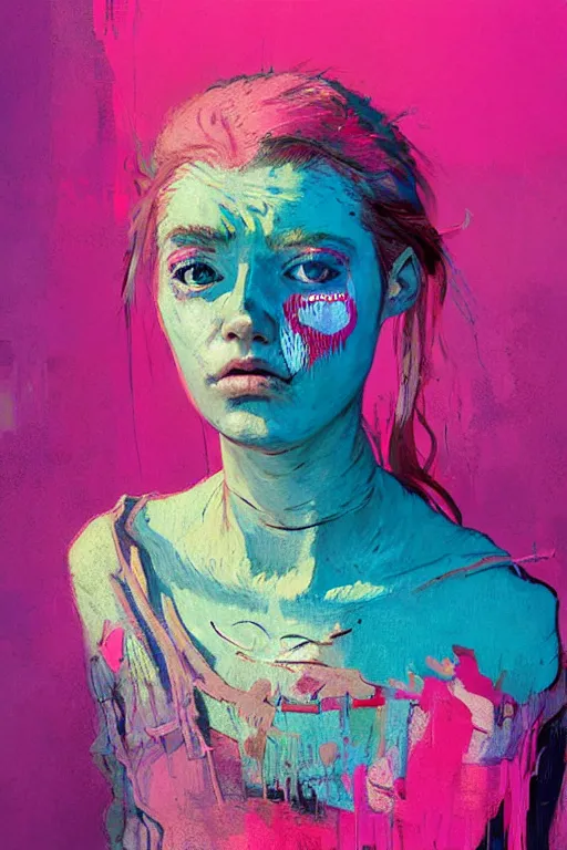 Image similar to portrait of a beautiful girl living in a postapoliptic forgotten world, she has seen war and has seen death, on her face you sadness and tears, in the colors hot pink and cyan, beautiful face, rule of thirds, complex outfit, spotlight, by greg rutkowski, by jeremy mann, by francoise nielly, by van gogh, digital painting