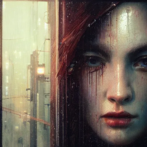 Image similar to detailed face of a woman, moment, cyberpunk cloisters, electronic billboards, tech noir, wet reflections, atmospheric, ambient, livia prima, greg rutkowski, edward hopper