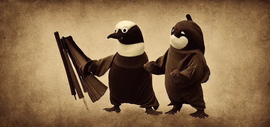 Image similar to pingu as samurai, sepia photography