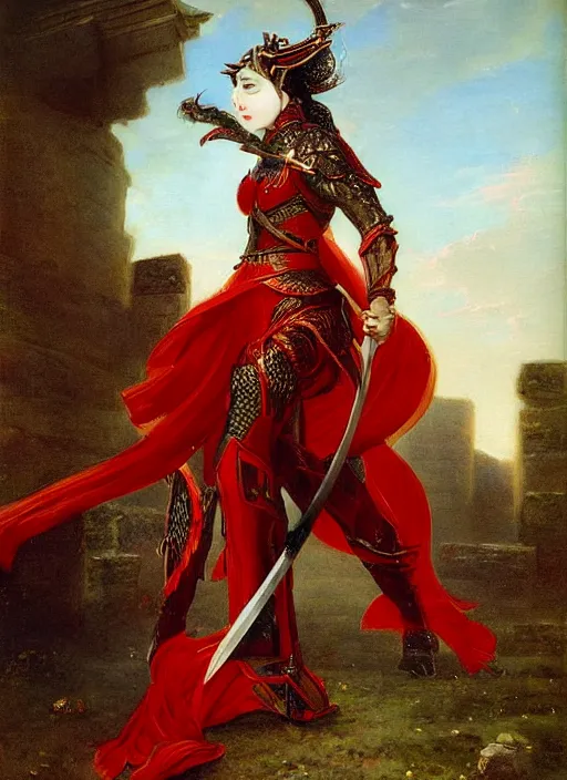 Prompt: woman in dark and red princess dragon armor, she is holding a katana sword, walking on the mystical ancient ruins. by william henry hunt