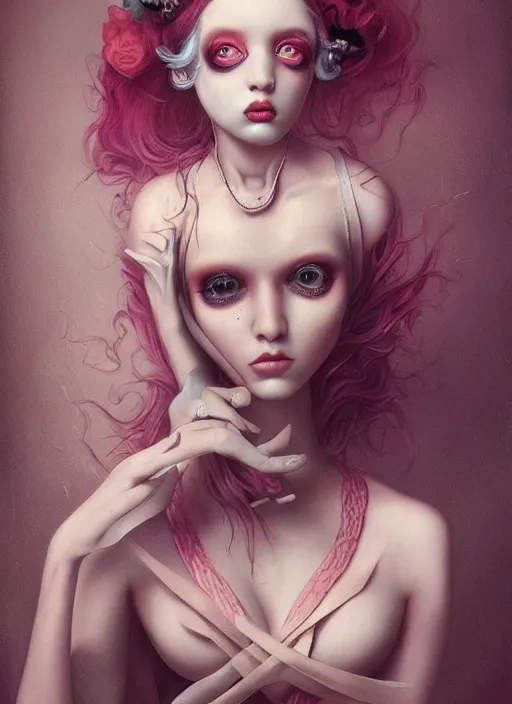 Prompt: pop surrealism, lowbrow art, realistic cute girl painting, lace strappy lingerie, hyper realism, muted colours, rococo, natalie shau, loreta lux, tom bagshaw, mark ryden, trevor brown style,