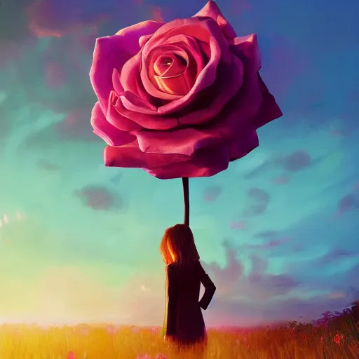 Image similar to closeup, giant rose flower head, frontal, girl in a suit, surreal photography, sunrise, dramatic light, impressionist painting, digital painting, artstation, simon stalenhag