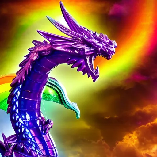 Image similar to magnificent crystal dragon, silky purple in color, rainbow Starburst background, focus on dragon