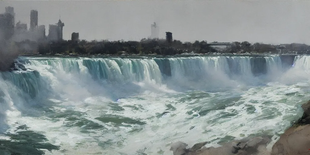 Image similar to painting of niagara falls by richard schmid, alla prima, loose gestural painterly, jeremy mann, greg manchess