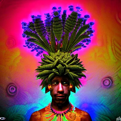 Prompt: an african marijuanna! shaman with an afro made of flowers, third eye art art by machina infinitum, complexity from simplicity, rendered in octane, mandelbulb 3 d, ambient occlusion, macro photography, felt!!! texture, tribal, neon! retrowave
