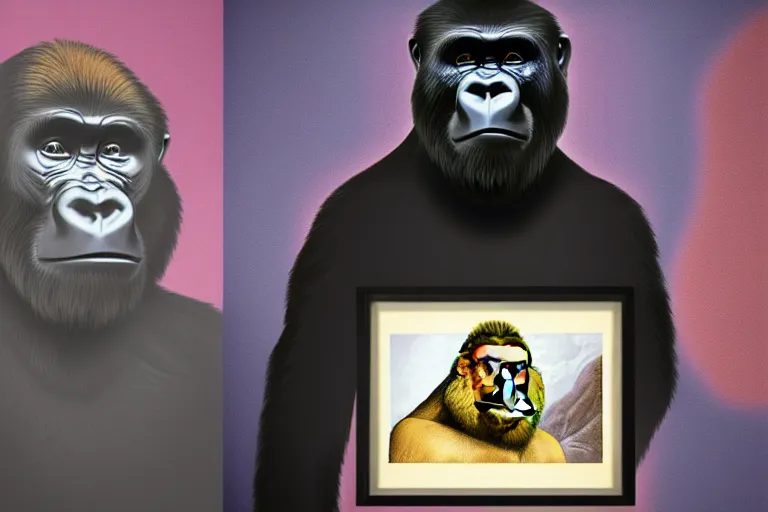 Image similar to Gorilla standing beside a framed illustration of a vividly colored portrait of a man wearing a turtleneck and an admiral’s hat, hyperrealistic, concept art, 8k, artstation, cinematic, volumetric lighting