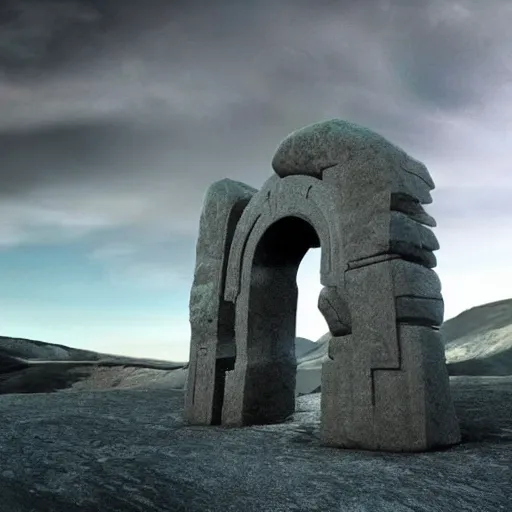 Image similar to stargate made of stone that form a circle, portal to another dimension cinematic view, epic sky highly detailed