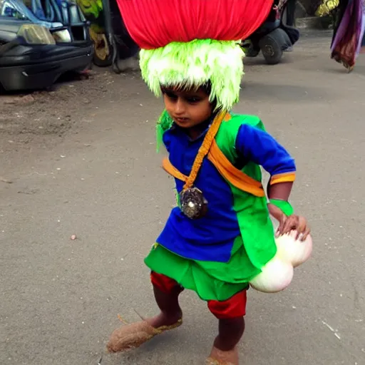 Image similar to indian boy dressed as an onion getting bullied