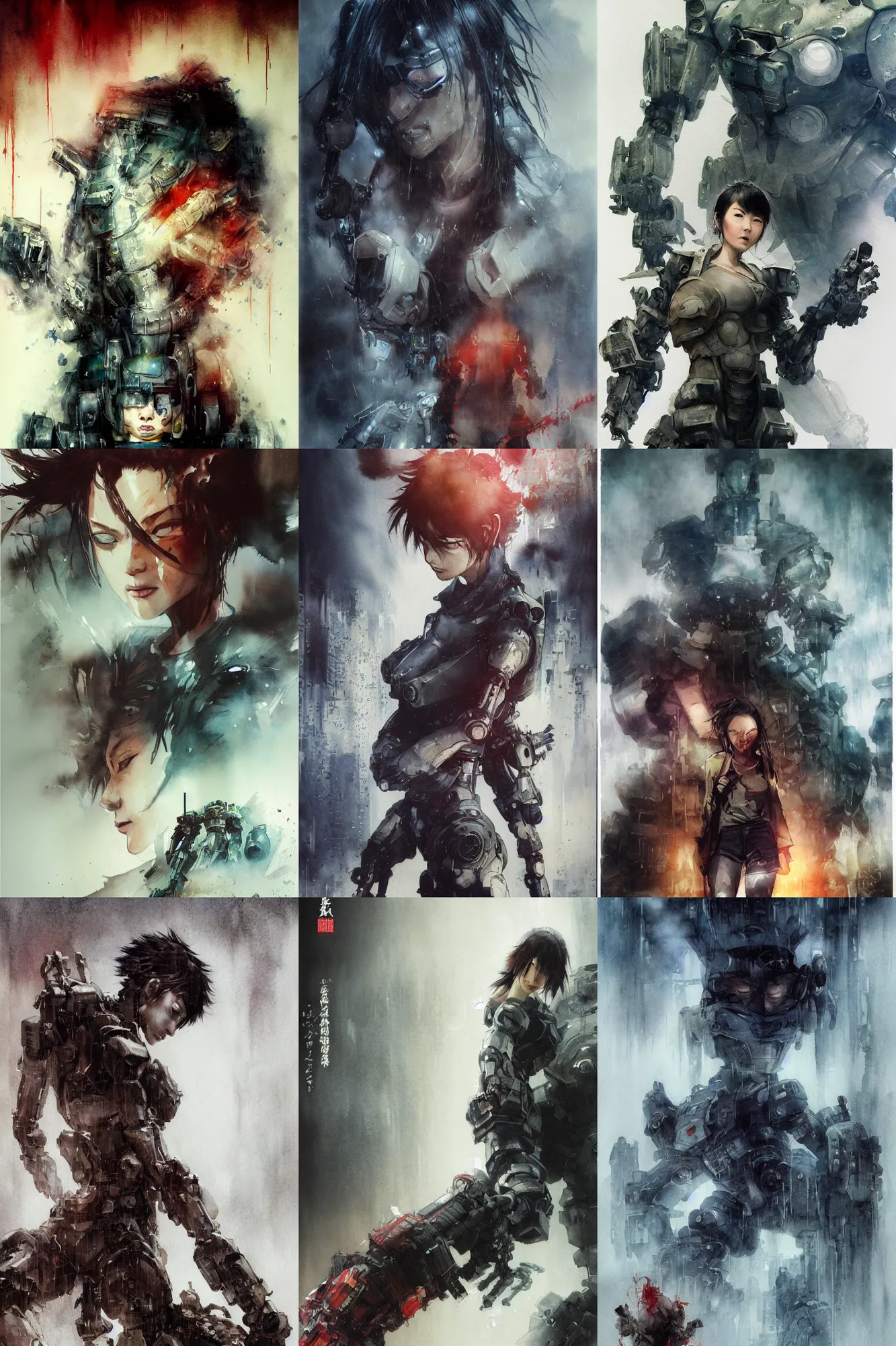 Prompt: incredible ruan jia movie poster, painted ,masterful detailed watercolor, japan, anime face, yoji shinkawa, kastuhiro otomo, kaiju broken robot limbs claw at the the fog, foggy, light rain, sparks, movie scene close up emotional miss Kusanagi face, short bob hair, wet highway chase, brown mud, dust, robot arm, emotional face shot ,light rain, glowing japanese advertisements on buildings, hd, 4k, remaster, dynamic camera angle, deep 3 point perspective, fish eye, dynamic scene