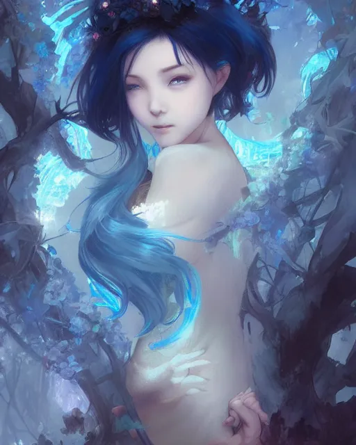 Image similar to stunningly beautiful female blue hair, cute japanese actressr, fantasy art, fae priestess, lush dark forest landscape, fireflys at night, sharp focus, digital painting, 8 k, concept art, art by wlop, artgerm, greg rutkowski and alphonse mucha