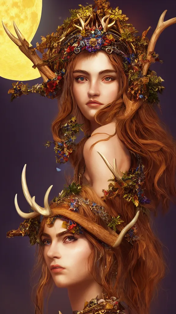 Image similar to portrait of Artemis, goddess of the hunt and the moon, wearing an antler crown, studio lightning, bright colors, intricate, masterpiece, photorealistic, hiperrealistic, sharp focus, high contrast, Artstation HQ, DeviantArt trending, 4k UHD, Unreal Engine 5