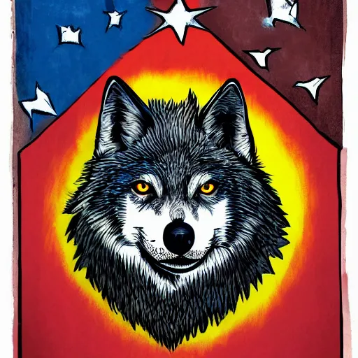 Image similar to portrait of retarded wolf, squint eyes, rabies, propaganda style, vivid colors, detailed