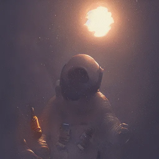 Prompt: astronaut drinks beer with alien creature by greg rutkowski, trending on artstation, lighting study, volumetric light - n 4