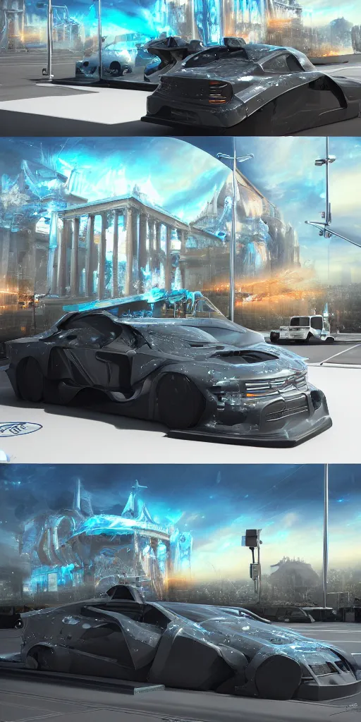 Image similar to sci-fi 3d car and wall structure car, in the coronation of napoleon painting, and digital billboard in the middle, octane render pinterest keyshot product render, water reflections gloss shiny in luquid