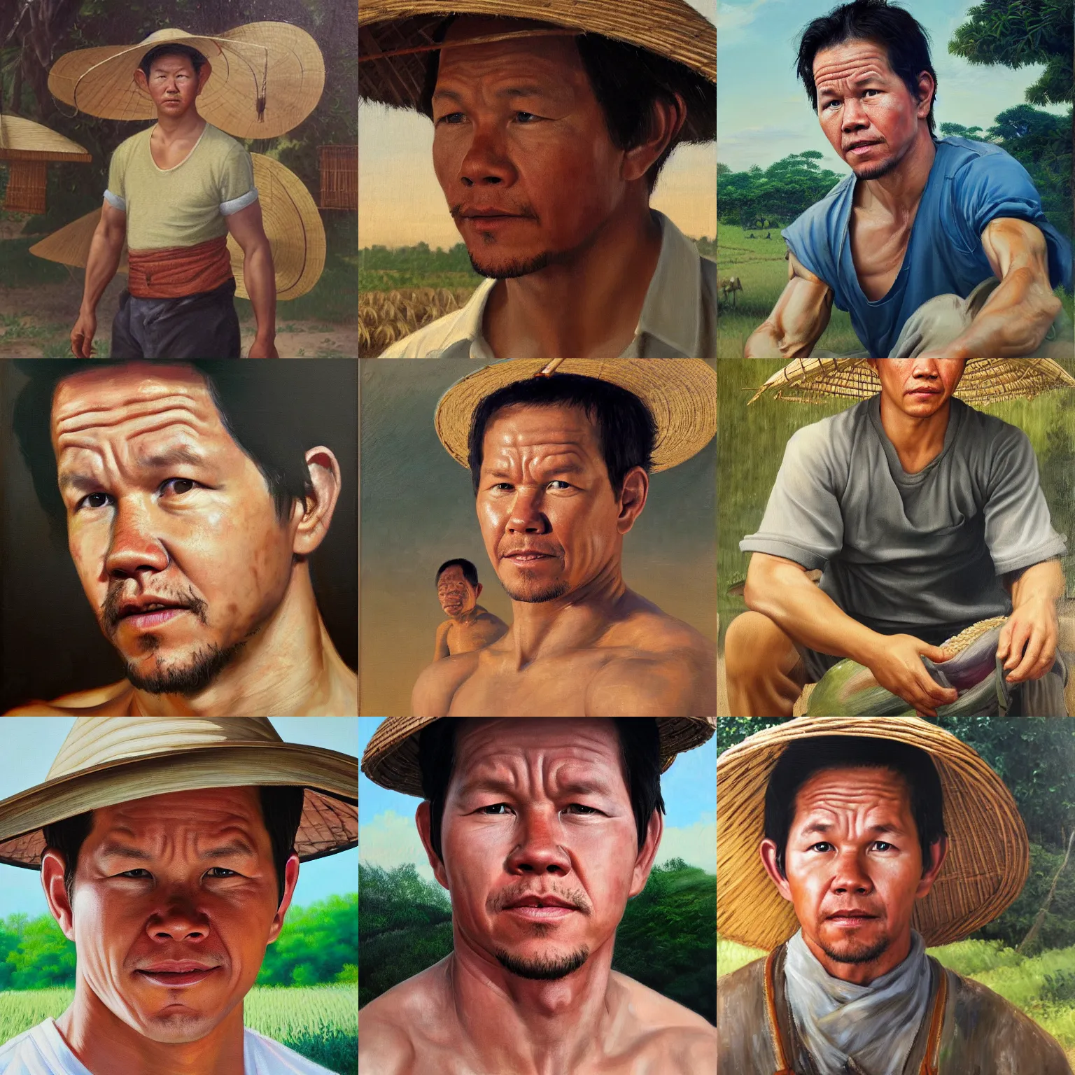 Prompt: portrait of mark wahlberg as a vietnamese farmer sweating under the hot sun, oil on canvas painting, oil on canvas by yoshitomo nara - 1 8 3 3, trending on artstation