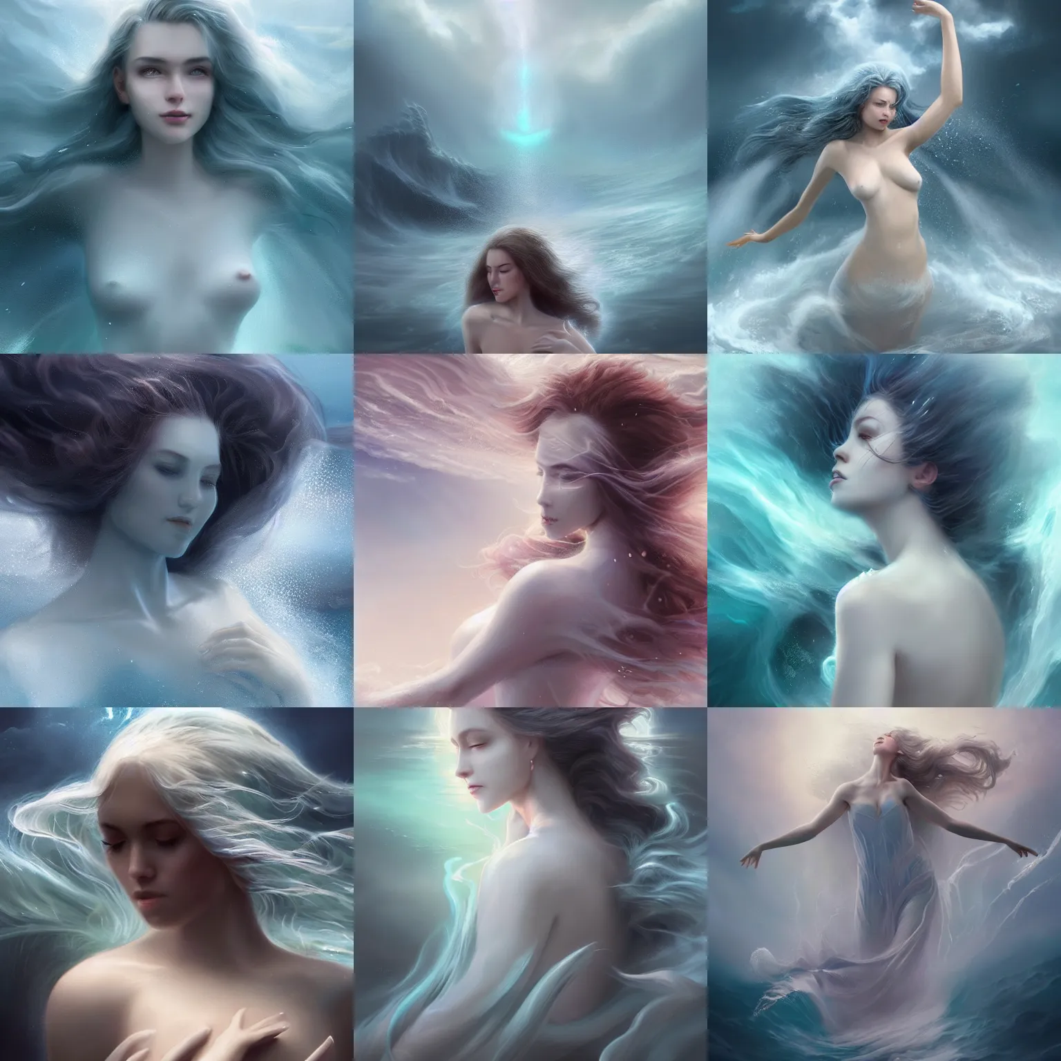 Prompt: a pale sea goddess forming from the spray and mist of a thunderous ocean storm, beautiful and joyful, digital matte painting, concept art, trending on artstation, artgerm, cgsociety