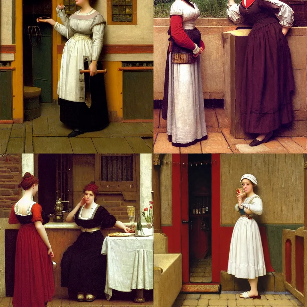 Prompt: painting by Edmund Blair Leighton of a barmaid in old fashioned clothes looking at her own feet with a slightly surprised expression, medieval tavern in the background, 4k oil on linen by Edmund Blair Leighton, highly detailed, soft lighting 8k resolution