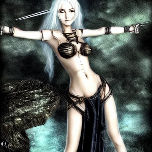 Image similar to nice girl with fantasy outfit in the style of luis royo and boris