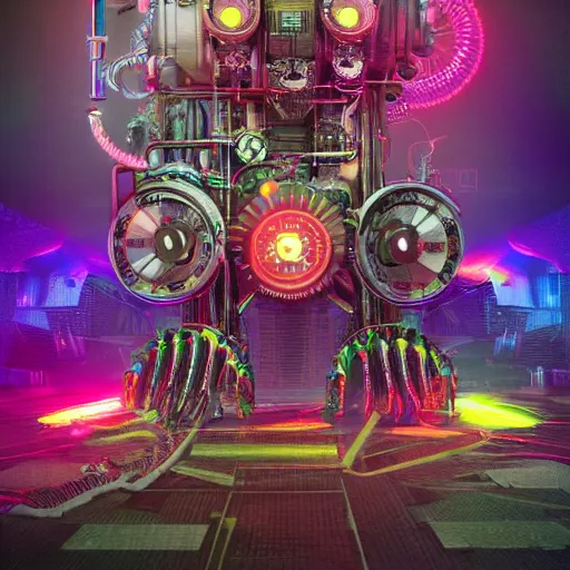 Prompt: cover art, cover is called tripmachine, tripmachine, photo of a huge futuristic steampunk machinery made of instruments, 8 k, fluorescent colors, halluzinogenic, multicolored, exaggerated detailed, front shot, 3 d render, octane