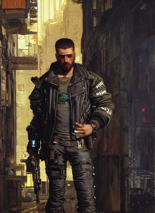 Prompt: big mike. cyberpunk Thug wearing a military vest and combat gear. (Cyberpunk 2077, bladerunner 2049). Round face. Iranian orientalist portrait by john william waterhouse and Edwin Longsden Long and Theodore Ralli and Nasreddine Dinet, oil on canvas. Cinematic, hyper realism, realistic proportions, dramatic lighting, high detail 4k