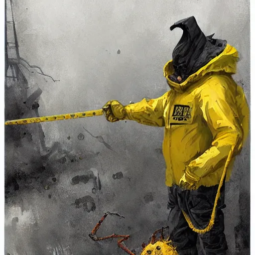 Image similar to a painting of a man in a yellow bio hazard suit holding a bucket and looking at godzilla sized spider, poster art by jakub rozalski, trending on artstation, nuclear art, apocalypse art, dystopian art, poster art