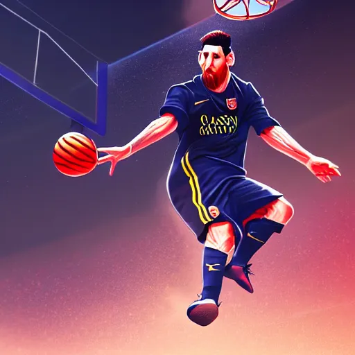 Image similar to Messi dunking on Ronaldo in basketball, D&D, fantasy, intricate, elegant, highly detailed, digital painting, artstation, concept art, matte, sharp focus, illustration