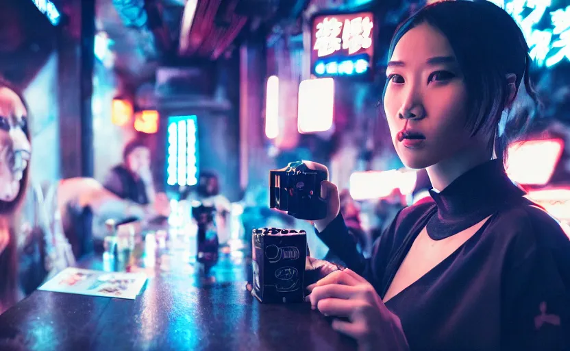 Prompt: cinestill 5 0 d photographic portrait of two female androids wearing streetwear talk at a bar in cyberpunk china, extreme closeup, modern cyberpunk, dust storm, 8 k, hd, high resolution, 3 5 mm, f / 3 2, ultra realistic faces, intricate detail, ex machina