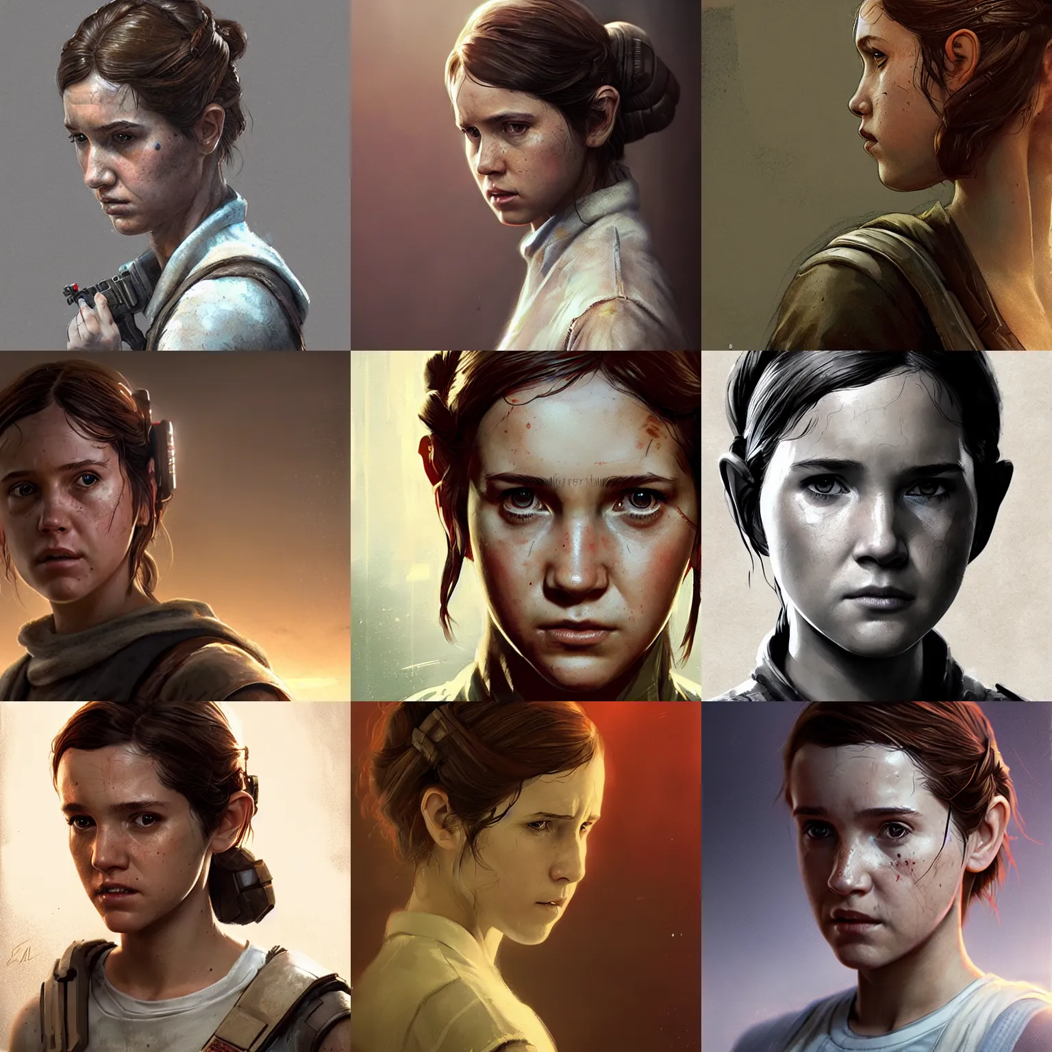Prompt: Ellie from the Last of Us as Princess Leia, digital portrait by Greg Rutkowski, intricate, sharp focus, cinematic, epic, artstation