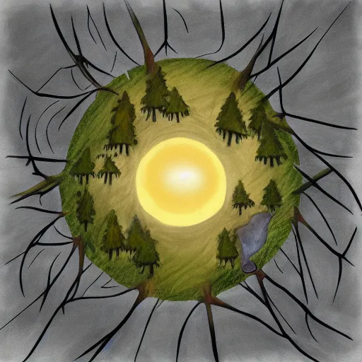 Prompt: upside down sun with trees coming out of it and enveloping it entirely, realistic, digital drawing, trending on ArtStation