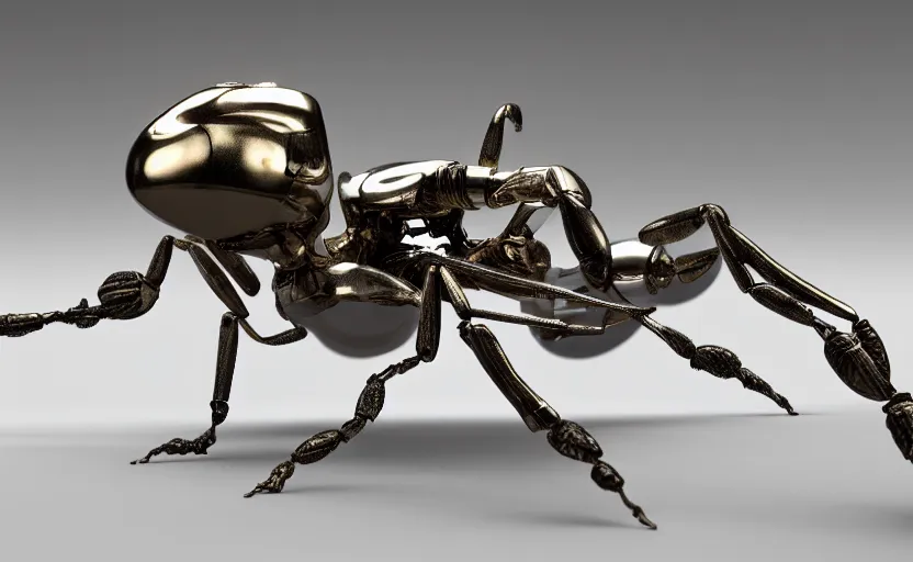Prompt: a macro shot of a ultra futuristic, impeccable detailed, holow, aerodynamic brass robot ant, part pearl, part silver, med museum, design by leonardo da vinci, cinematic light, ultra detailed, impeccable beautiful, sharp, unreal engine 8 k, octane render 8 k