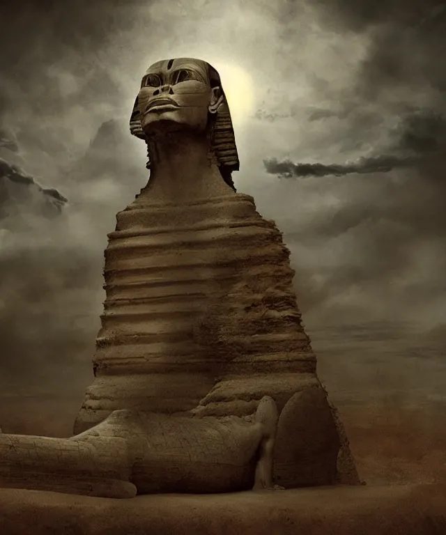 Image similar to epic professional digital art the sphinx, horrific yet beautiful vibe, evocative, atmospheric lighting, painted, intricate, highly detailed, by leesha hannigan, wayne haag, reyna rochin, ignacio fernandez rios, mark ryden, iris van herpen, artstation, cgsociety, stunning, gorgeous, sharp focus, cinematic, masterpiece