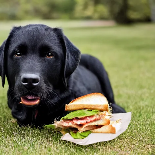 Prompt: old, black labrador eating a sandwich, photography