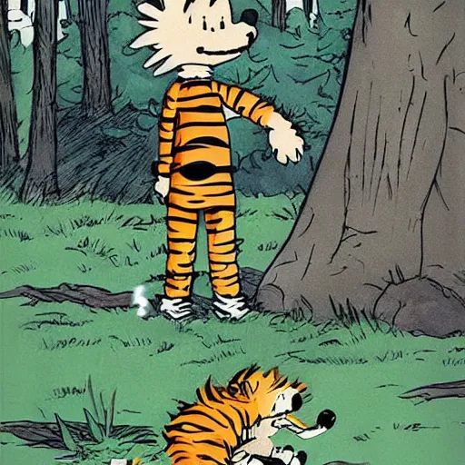 Image similar to Calvin and Hobbes camping in the forest