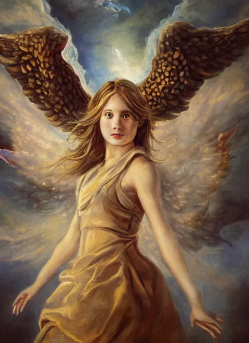 Prompt: a young girl holding the head of a monster, flying in the sky surrounded by angels, extremely realistic and highly detailed painting, soft light, gold ratio