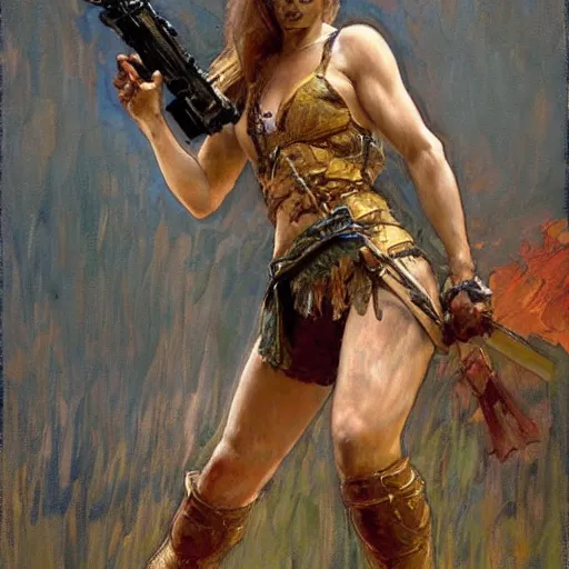 Prompt: female warrior wielding a gun painting, henry asencio, craig mullins, alphonse mucha