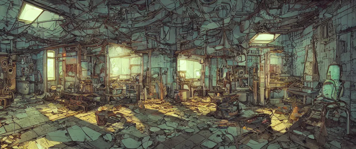 Prompt: abandoned laboroatory from cold war era faded out colors place mosquet painting digital illustration hdr stylized digital illustration video game icon global illumination ray tracing advanced technology that looks like it is from borderlands and by feng zhu and loish and laurie greasley, victo ngai, andreas rocha, john harris