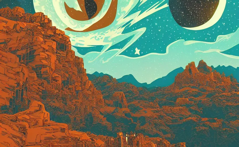 Prompt: mountains, stars and paisley filled sky, artstation, intricate, highly detailed, digital painting, concept art, sharp focus, illustration by Jean Claude Mézières and Tom Whalen