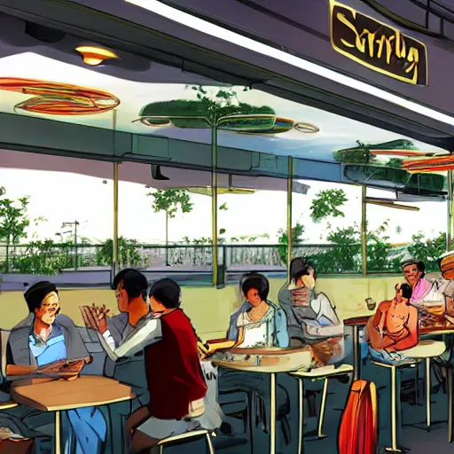 Image similar to A hawker centre in the style of Syd Mead