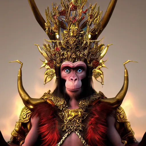 Image similar to monkey king godly lord of monkeys, wearing a crown, holding a staff, sitting in throne, dark lighting, dim lightning, red eyes, gothic dark style 8 k render high detail