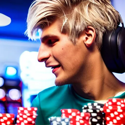 Image similar to closeup of handsome gigachad XQC gambling