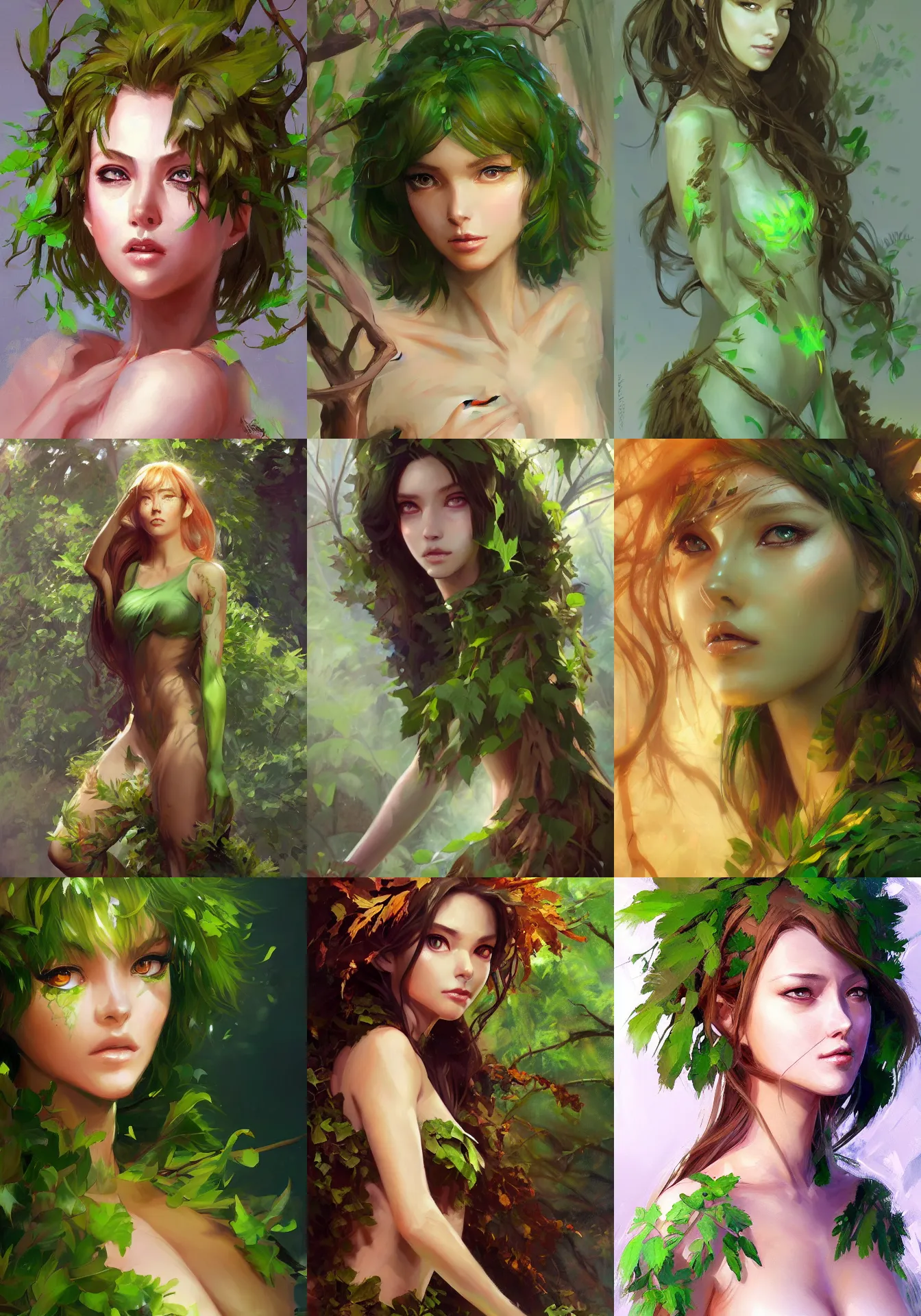 Prompt: greg manchess a realistic anime portrait of a beautiful dryad with glowing green eyes and tree bark skin wearing clothes made of leaves, digital painting, by stanley artgerm lau, sakimichan, wlop and rossdraws, digtial painting, pixiv fanbox