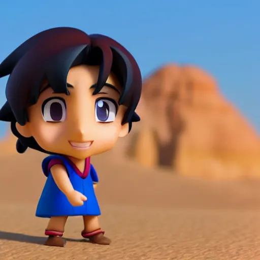 Image similar to profile view of young aladdin as nendoroid walking in a desert, wearing typical clothes, 8 k, hd, dof, kodak film, volumetric lighting, subsurface scattering, photorealistic, octane render