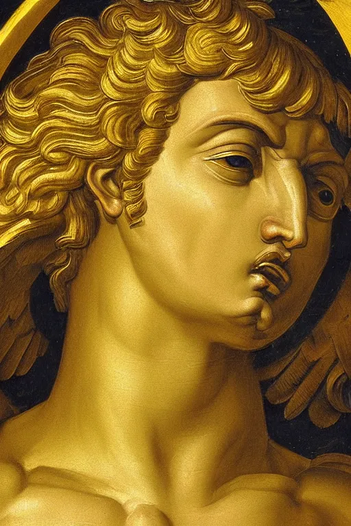 Image similar to archangel Michael, crying face, closeup, ultra detailed, made in gold, Guido Reni style