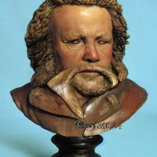 Image similar to hyper realistic closeup bust of a new england fisherman, painted, colorized, bossons vintage chalkware,