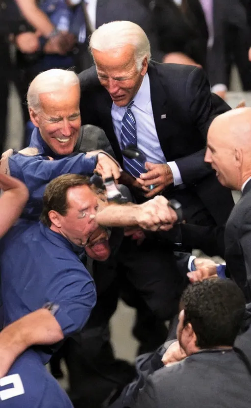 Prompt: robocop punching joe biden in the face, slow motion still