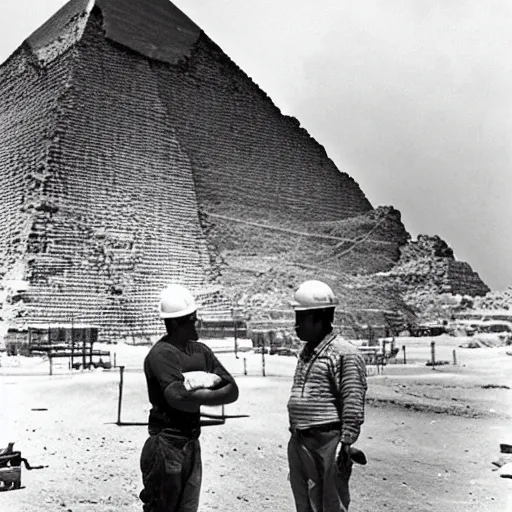 Prompt: a rare candid photograph of an egyptian engineer and a construction worker talking at the early construction of the khufu pyramid, dslr high resolution