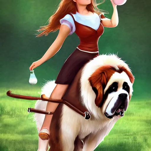 Prompt: girl riding a giant saint Bernard at the park that is catching a ball, trending on artstation